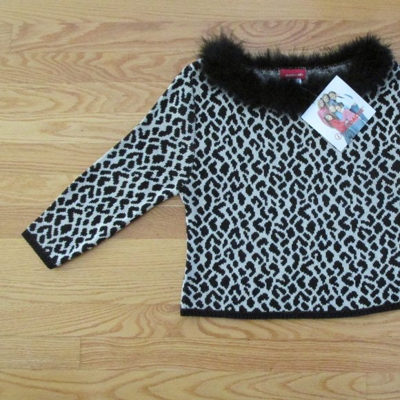 JORDACHE GIRL'S SIZE 14 / 16 SWEATER IVORY & BLACK LEOPARD BOA TOP NWT - Picture 2 of 13